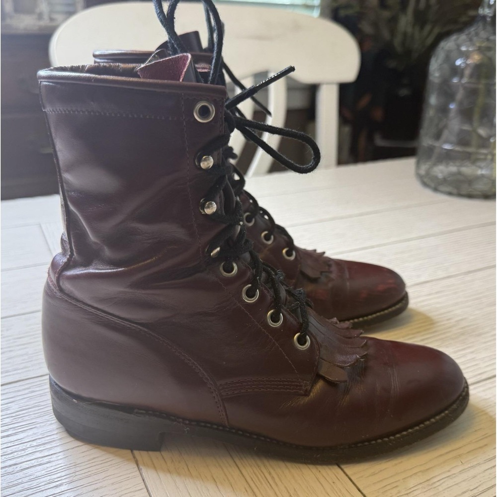Justin L510 Burgundy Leather Lace Up Roper Boots Kiltie Fringe USA Made VTG 6 B